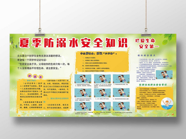 绿色卡通防溺水儿童暑期安全小学生户外安全知识教育展板
