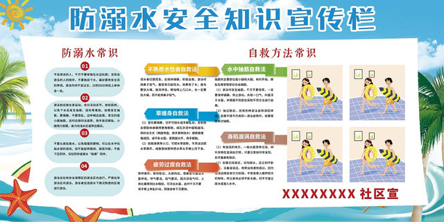 清凉卡通暑假安全防溺水小学生儿童户外安全知识教育展板
