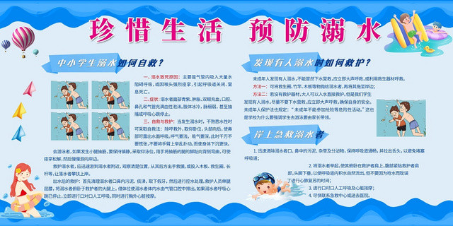 卡通暑假安全防溺水小学生儿童户外安全知识教育展板