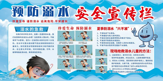 卡通防溺水暑假安全儿童小学生户外安全知识教育展板
