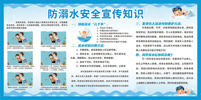 蓝色卡通儿童暑期安全防溺水小学生户外安全知识教育展板
