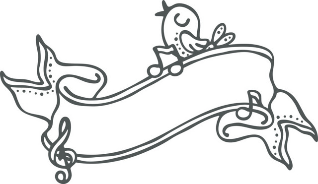 黑色线描丝带音符小鸟手账装饰设计素材