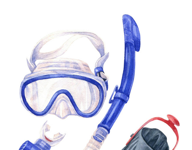 潜水用具手绘水彩插画