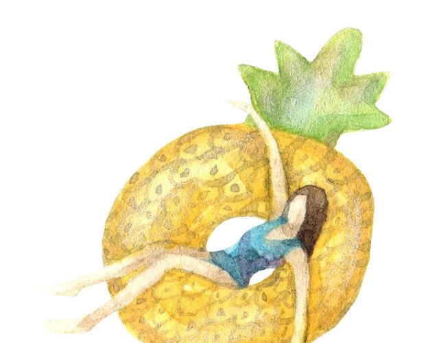 手绘菠萝游泳圈水彩插画