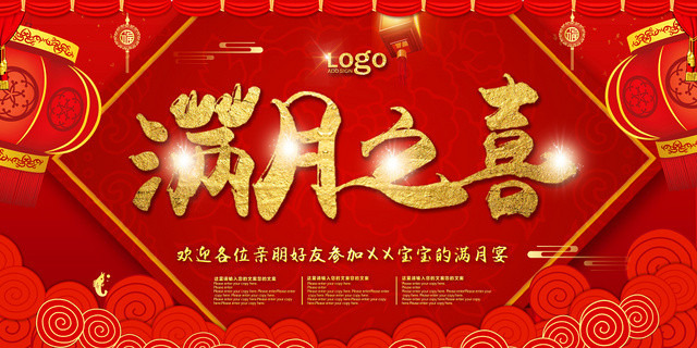 中国红灯笼宝宝满月之喜生日宴会展板海报