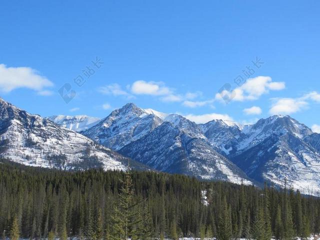 自然宁静蔓延的雪山和绿色的森林背景图片