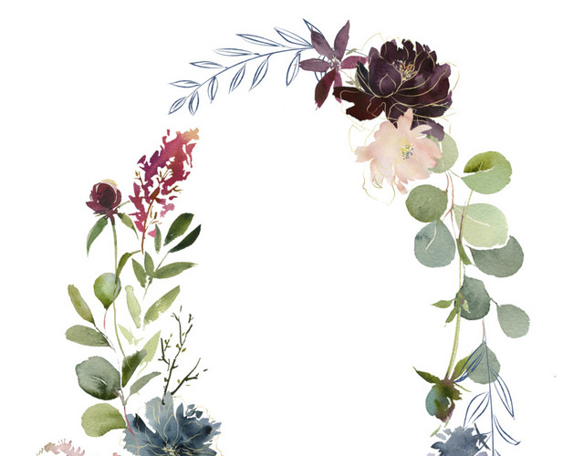 手绘水墨树叶花环素材