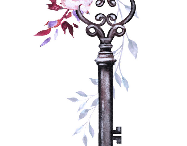 水彩复古玫瑰花钥匙素材