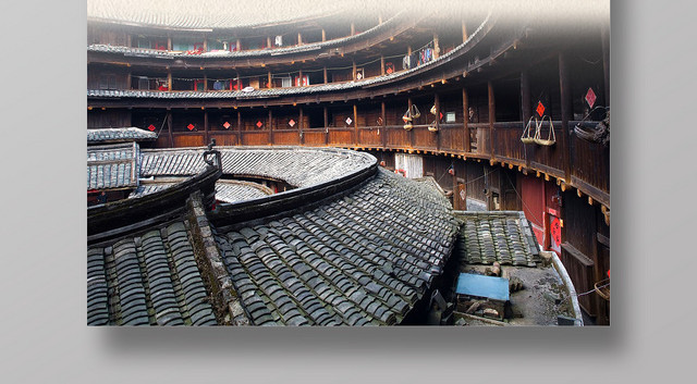 福建土楼世界文化遗产复古建筑宣传海报