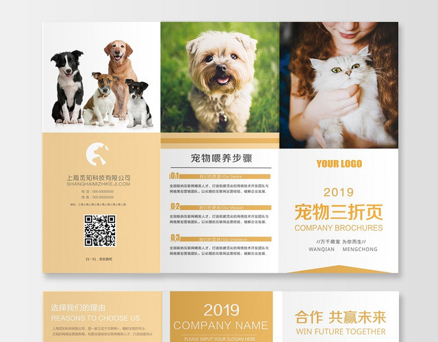 清新简约宠物店三动物宣传三折页