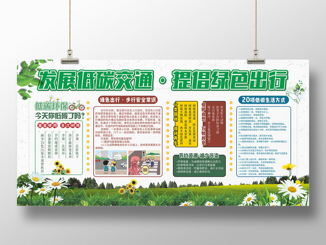 清新简约发展低碳交通提倡绿色出行展板