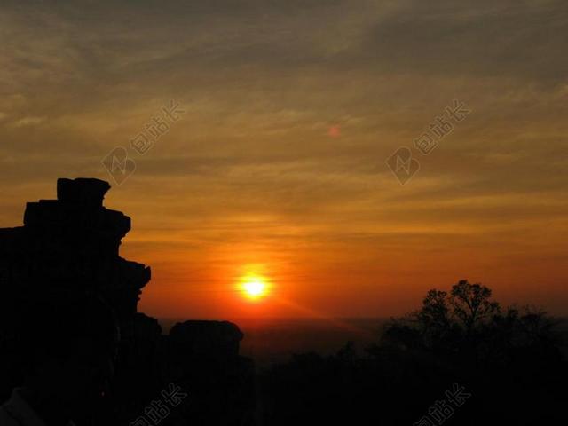 柬埔寨 太阳 日落 吴哥窟 天空 橙色 红色 阳光的光线