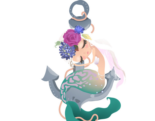 卡通美人鱼船锚插画素材