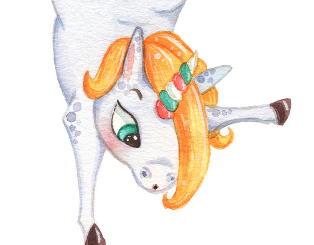 彩色卡通倒立独角兽水彩插画