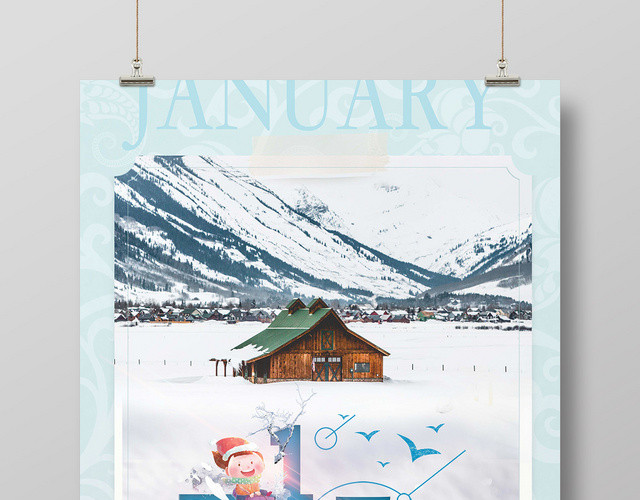 蓝色雪景一月你好宣传海报
