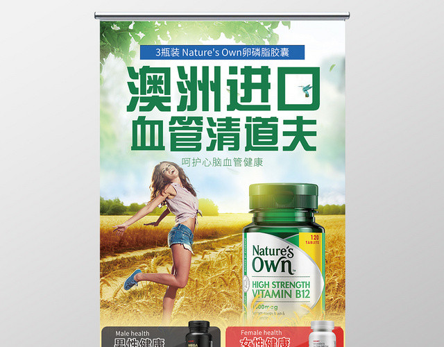 保健品原装进口清新绿易拉宝设计