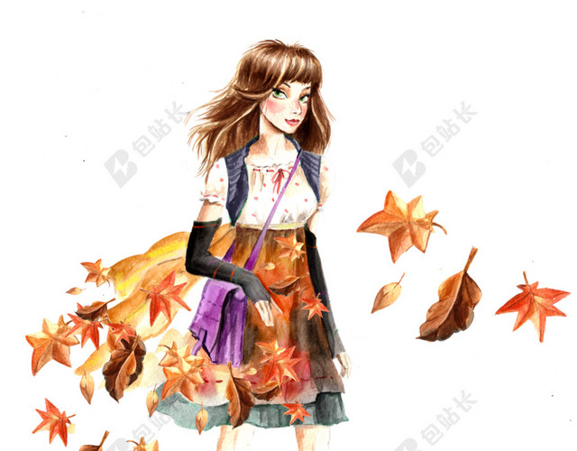 秋叶女孩水彩背景素材