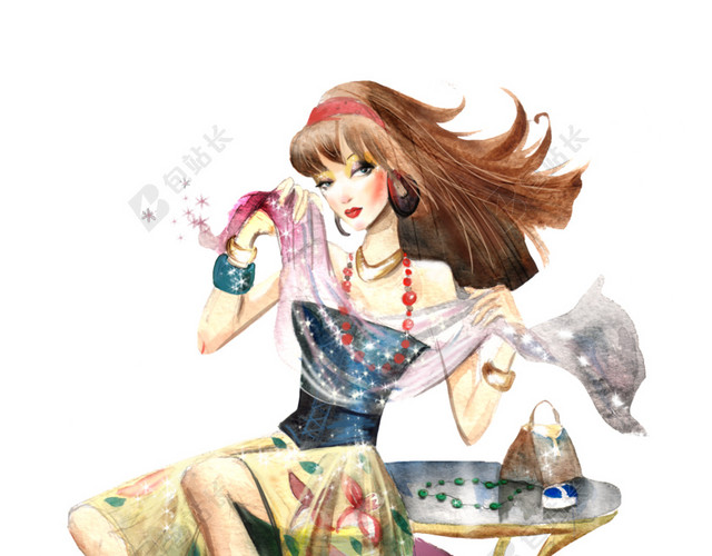 时尚女孩水彩背景素材