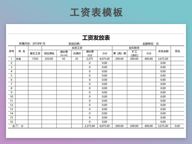 教师工资发放表模板带公式自动生成工资条
