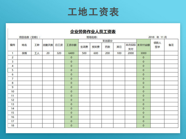 工地工资表模板