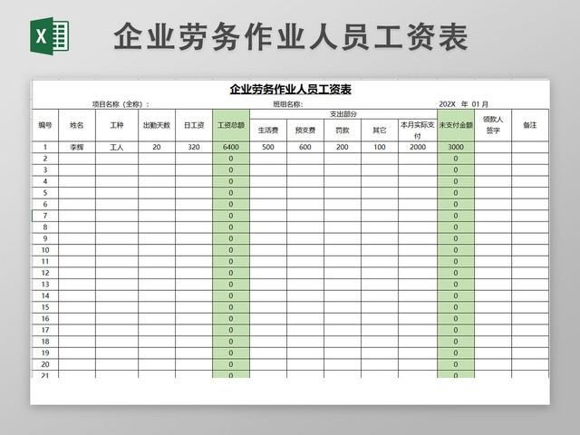 企业劳务作业人员工资表表格模板