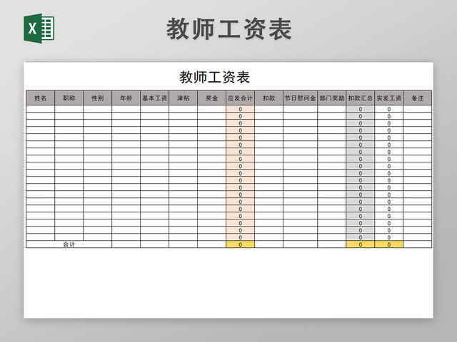 教师工资表表格EXCEL模板
