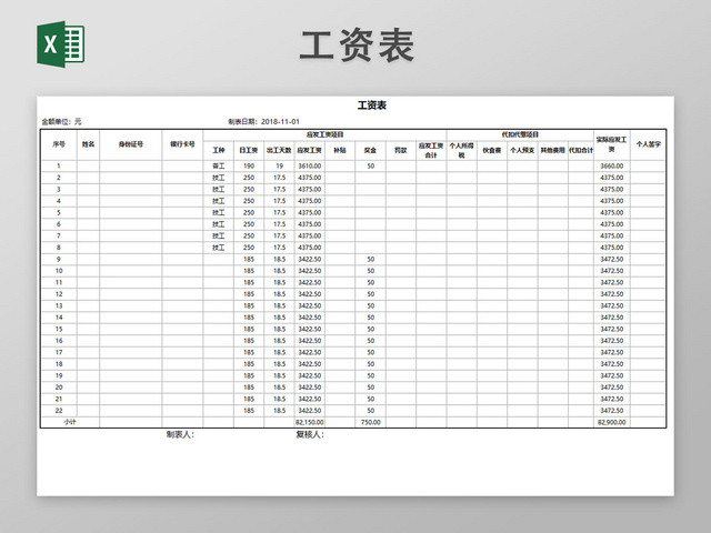 工厂工人技工工资表表格模板
