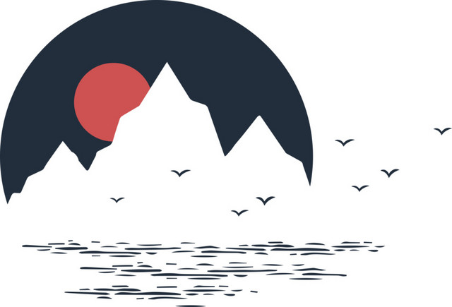 黑白水墨绘画红日山峰素材