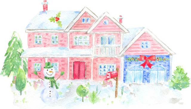 水彩绘画房屋雪景素材