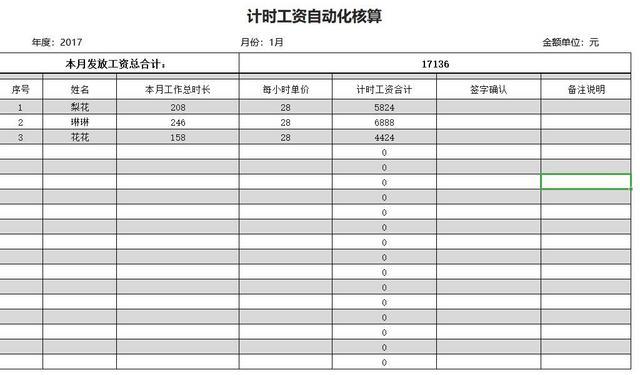 员工计时工资表