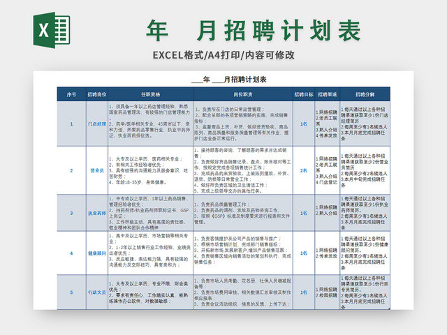 蓝色岗位招聘计划表EXCEL模板