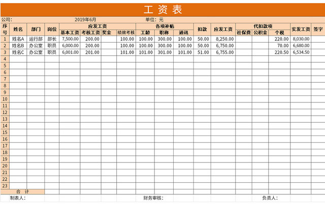 橙色公司通用员工工资表EXCEL模板