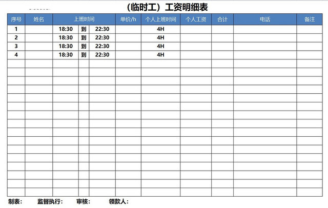 人事行政临时工工资明细表