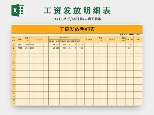 橙色通用员工工资发放明细表EXCEL模板