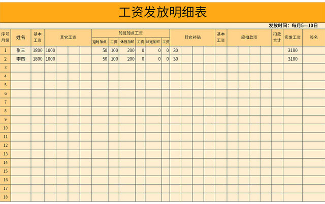 橙色通用员工工资发放明细表EXCEL模板