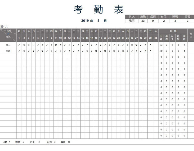员工考勤表考勤管理表