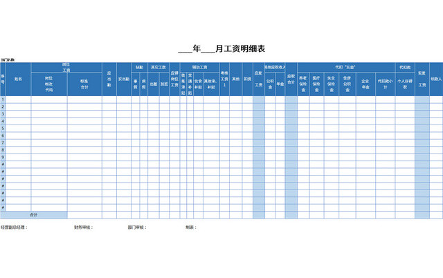 蓝色简洁风企业员工工资明细表EXCEL模板