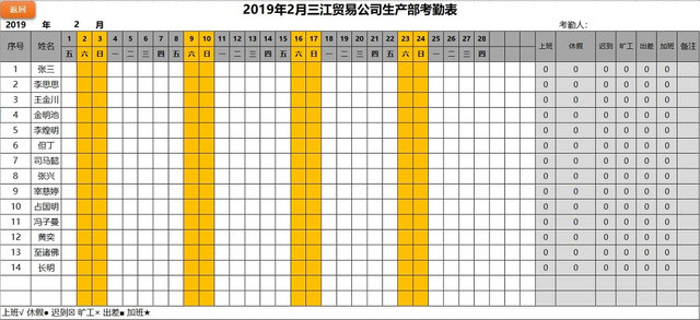 员工考勤表考勤管理表