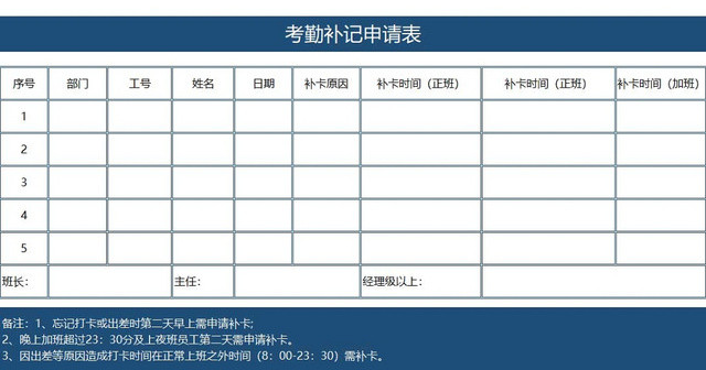 员工考勤表考勤管理表补记申请表