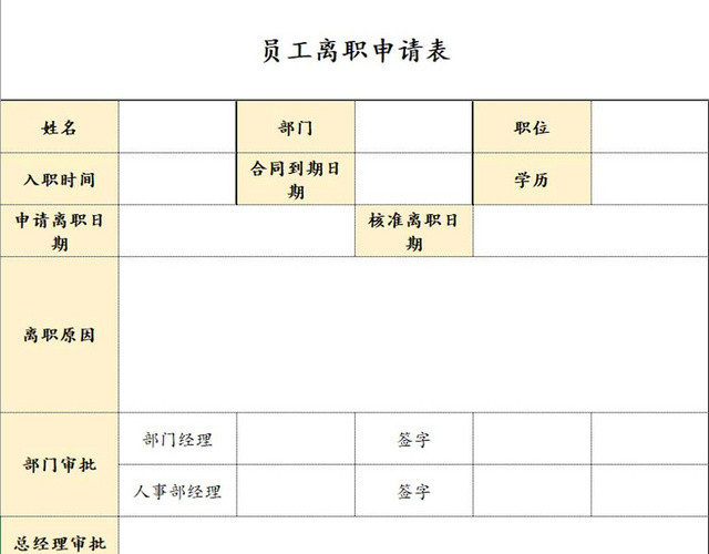 离职申请表员工离职表交接表