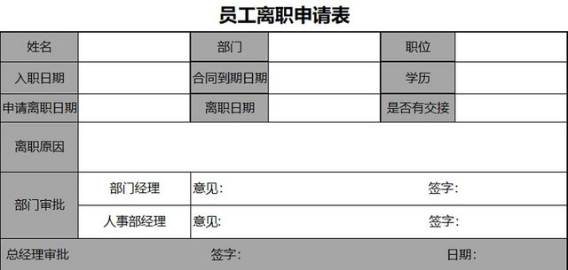 离职申请表员工离职表交接表