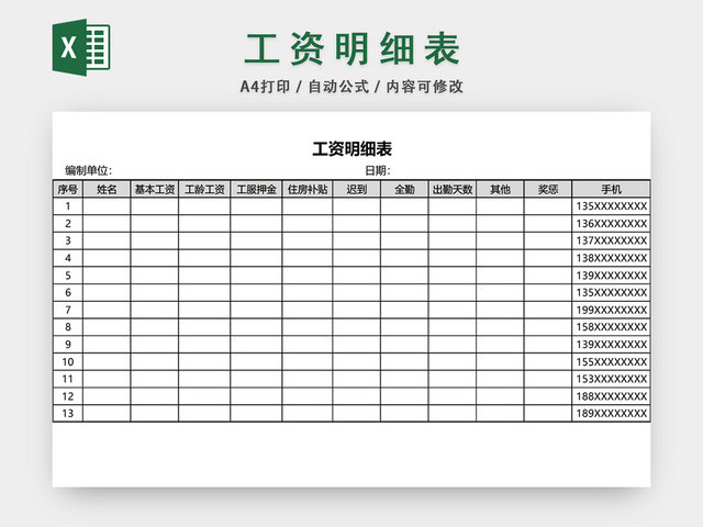 员工工资明细表格设计