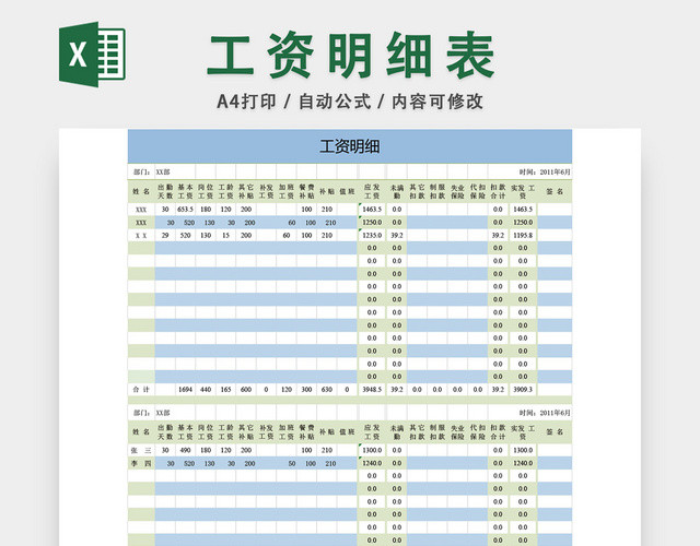 员工工资表工资明细表格设计