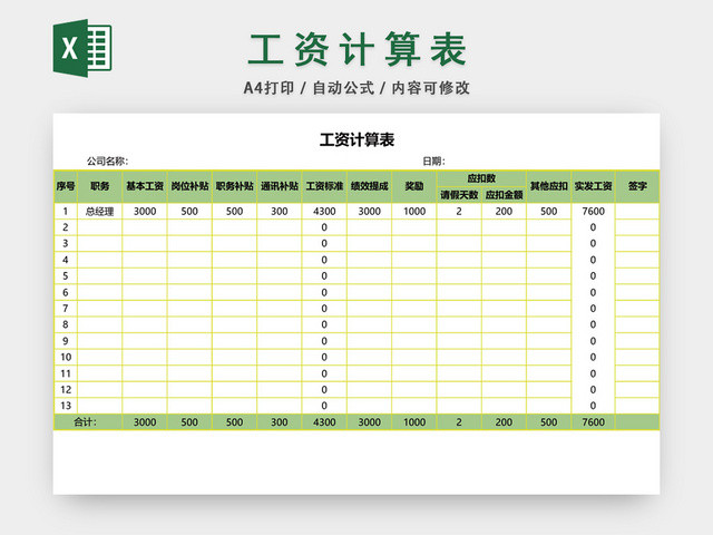 员工工资计算表格设计