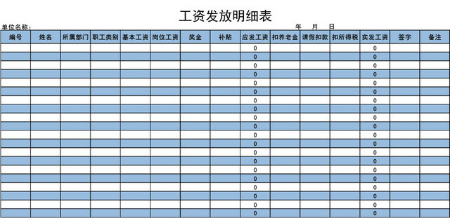 员工工资发放明细表格设计