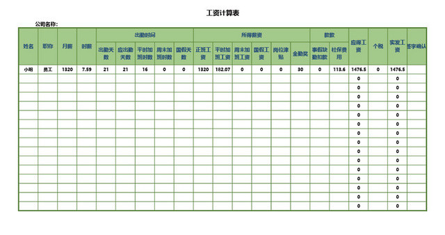 财务会计员工工资表格设计
