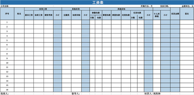 员工工资表格设计