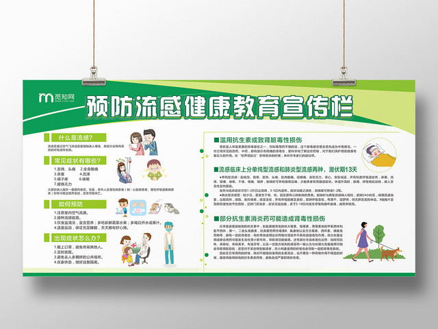 预防流感绿色渐变风卡通平面设计健康教育宣传栏