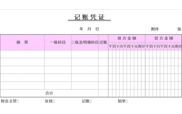 粉色常用会计记账凭证EXCEL模板