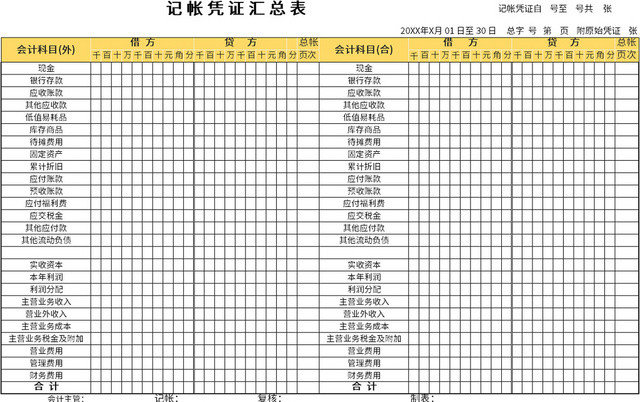 黄色记账凭证汇总表EXCEL模板